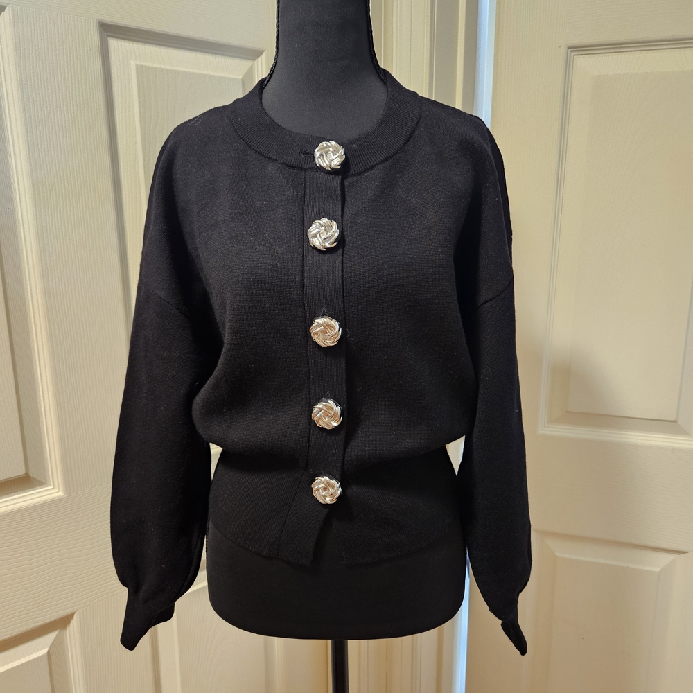 ZARA Black Knit Cardigan with Large Textured Silver Metallic Buttons - Size M